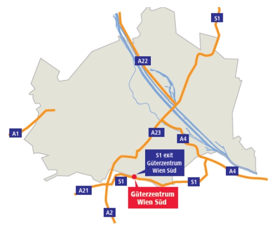 Umístění kontejnerového terminálu Wien Süd společnosti Rail Cargo Group - schematický plánek dopravních tras