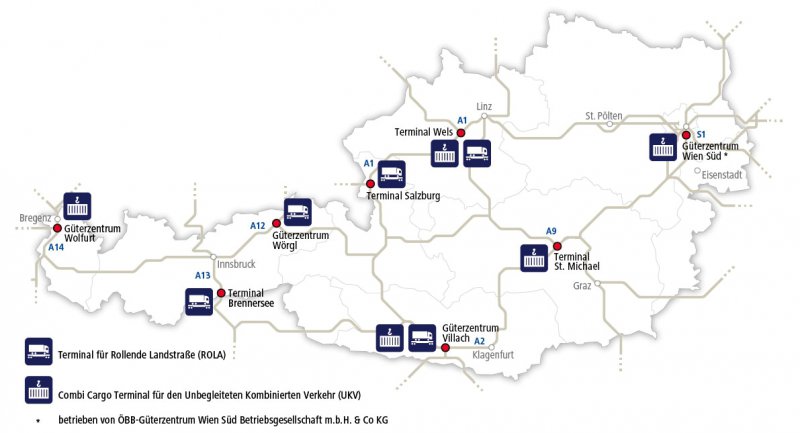 Společnost Rail Cargo Group - konterjenrové terminály a terminály ROLA v Rakousku